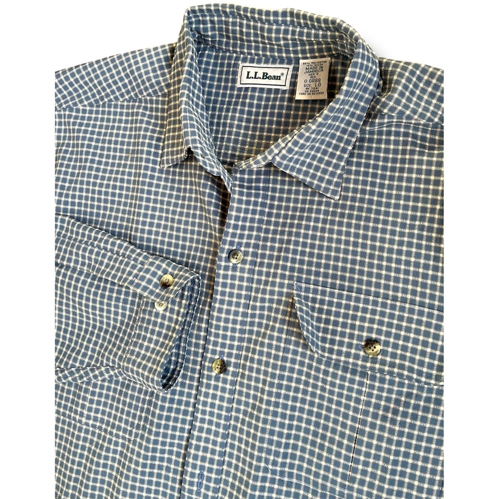 LLBean Mens Large Plaid Button Down Long Sleeve Shirt Blue White Gingham Check - Picture 1 of 7